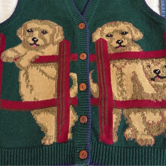 Vintage Hand-Embroidered Dog Sweater Vest Button Front Knit Cottagecore Grandpa - Picture 3 of 15